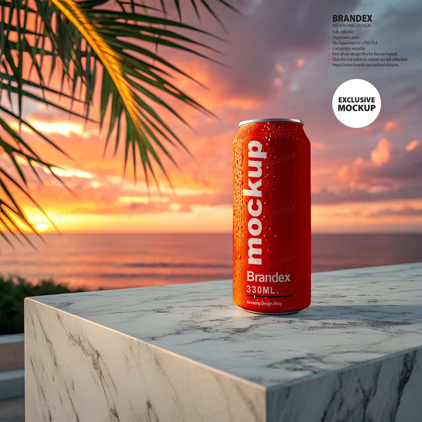 Soda Can Mockup Tropical Beach Marble Surface Sunset