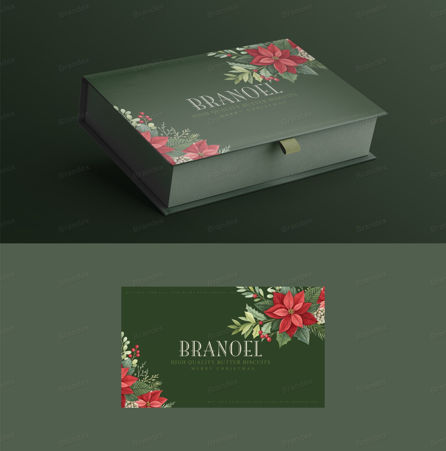 Dark Green Christmas Poinsettia Biscuit Gift Box Packaging Template