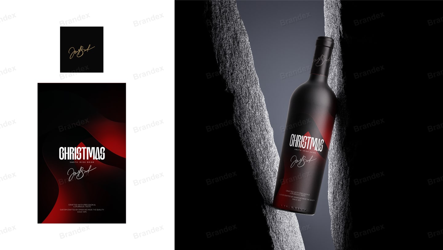 Matte Black Christmas Spirit Bottle Label Template – Red Abstract Accents