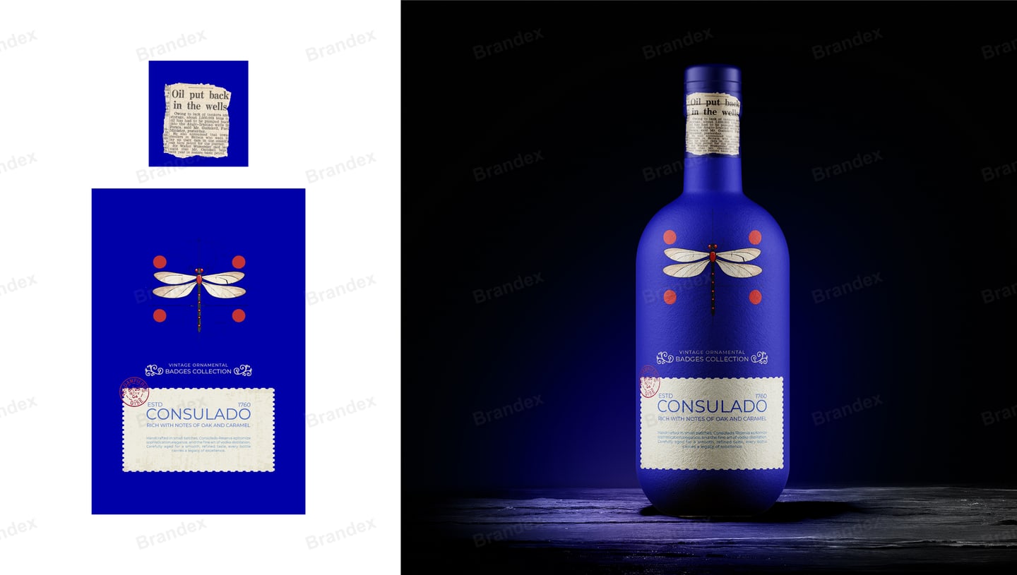 Elegant Blue Liquor Bottle Packaging Design with Dragonfly Artwork