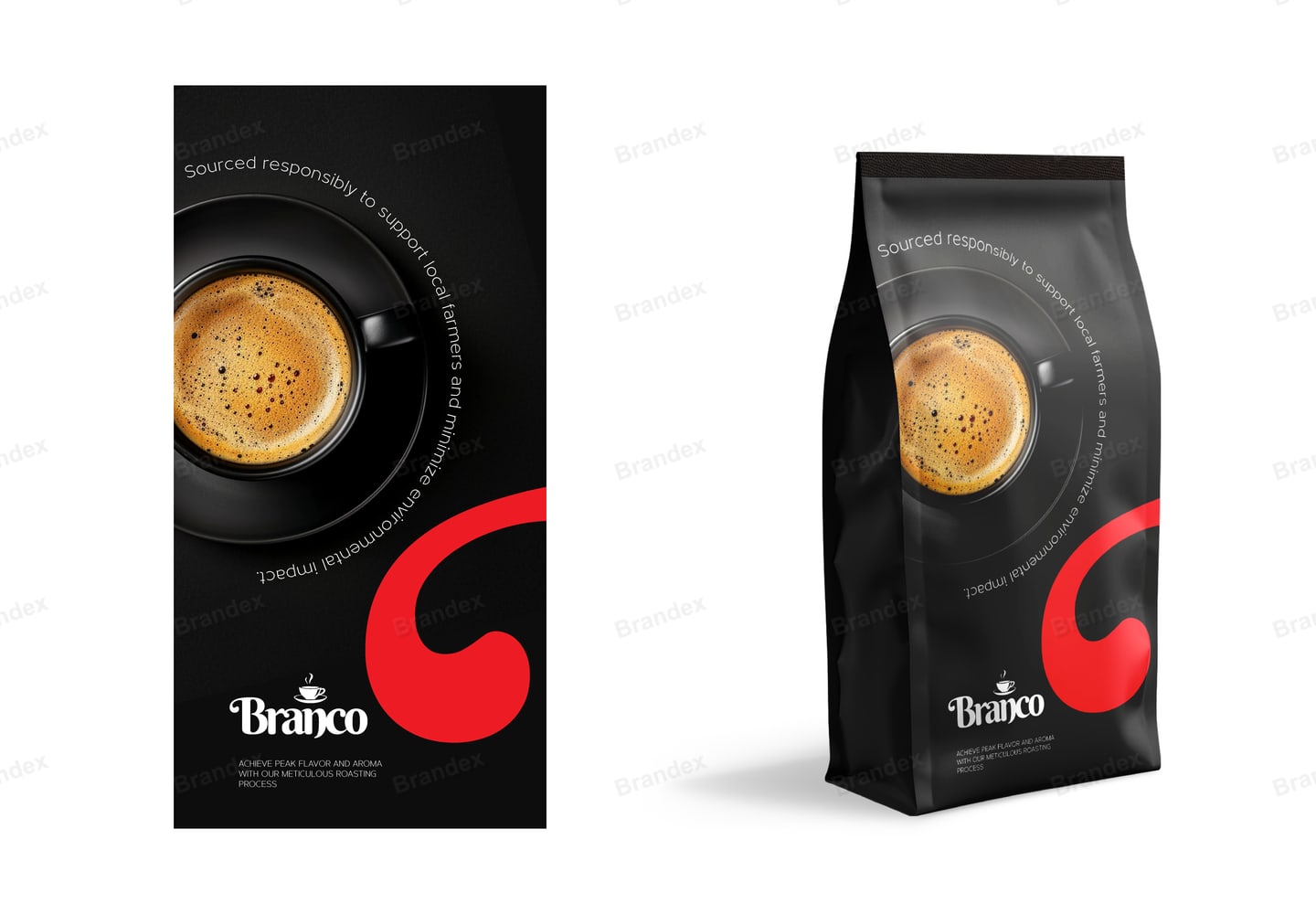 Black Espresso Coffee Bag Packaging Template – Red Swirl & Cup Graphic