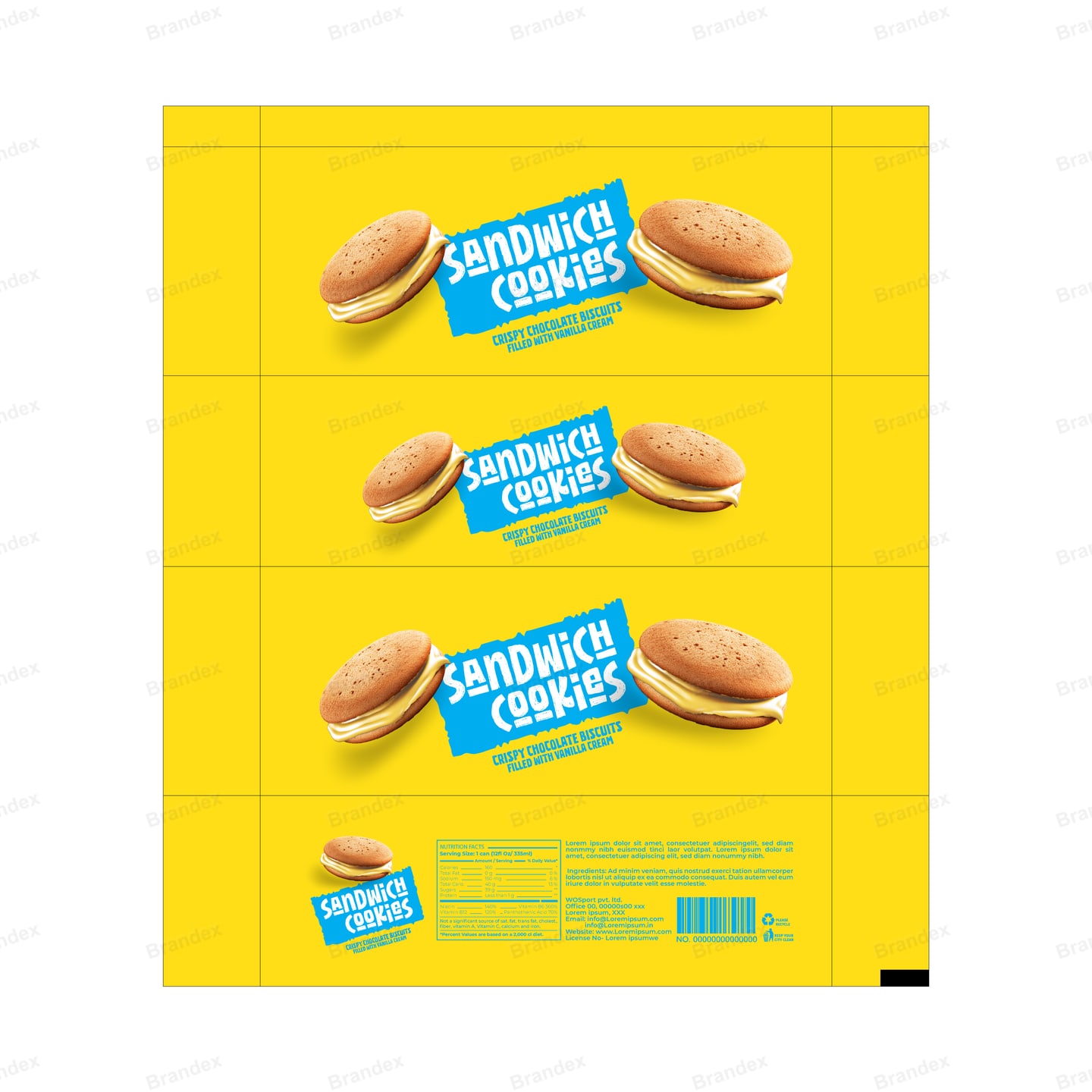 Vanilla Cream Sandwich Cookie Box Packaging Template – Yellow & Blue Design