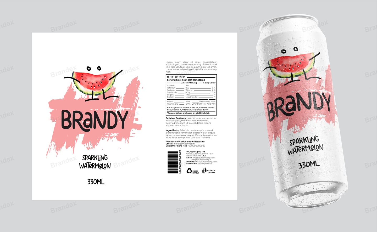 Brandy Sparkling Watermelon 330ml Can Packaging - Pink Brushstroke Design Mockup