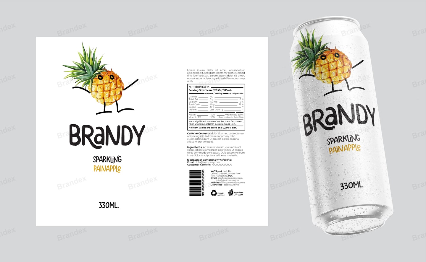 Brandy Sparkling Pineapple 330ml Can Packaging - White Cartoon Design Mockup