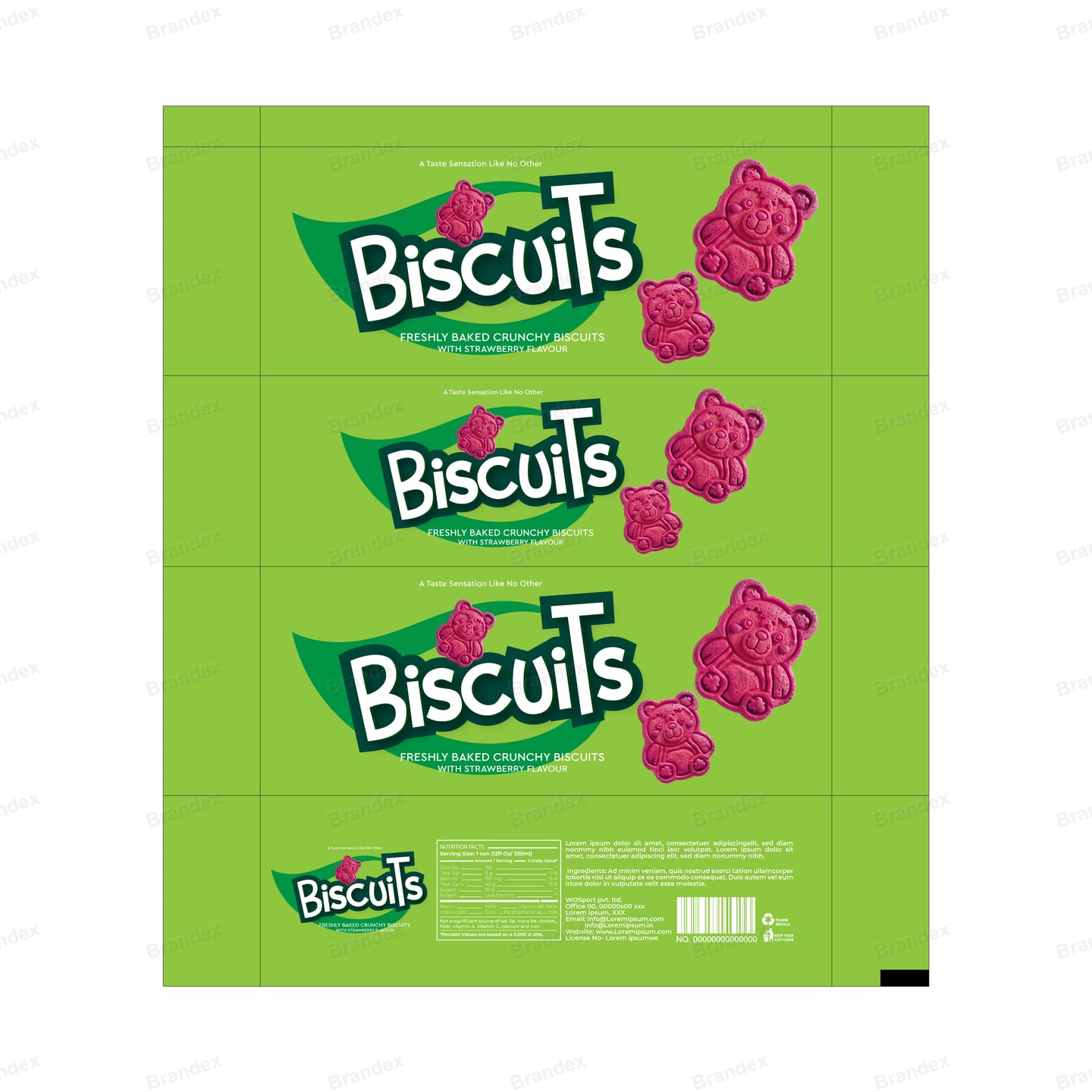 Strawberry Teddy Bear Biscuit Box Packaging Template – Vibrant Green Design