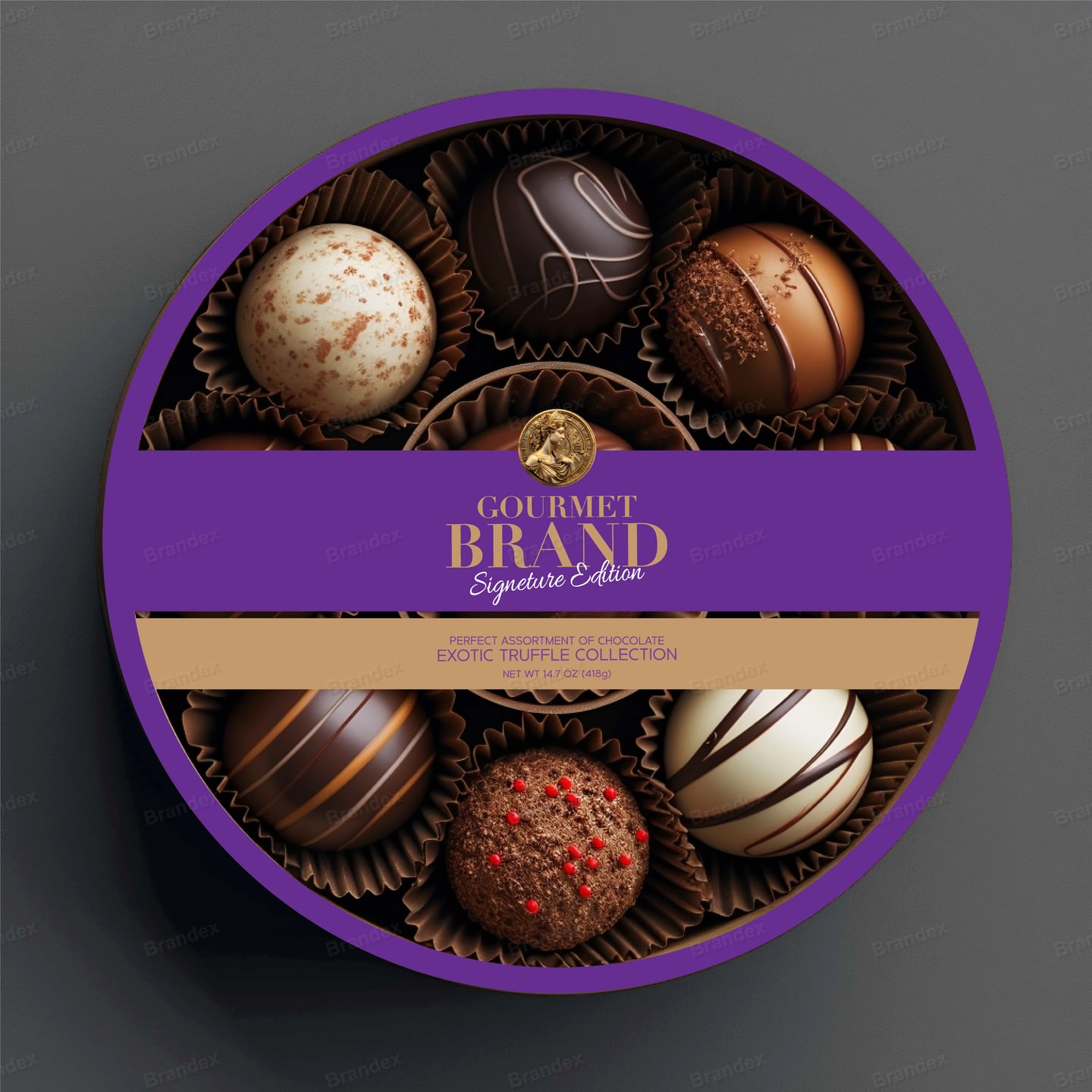 Gourmet Truffle Chocolate Round Box Packaging Purple Gold Elegant