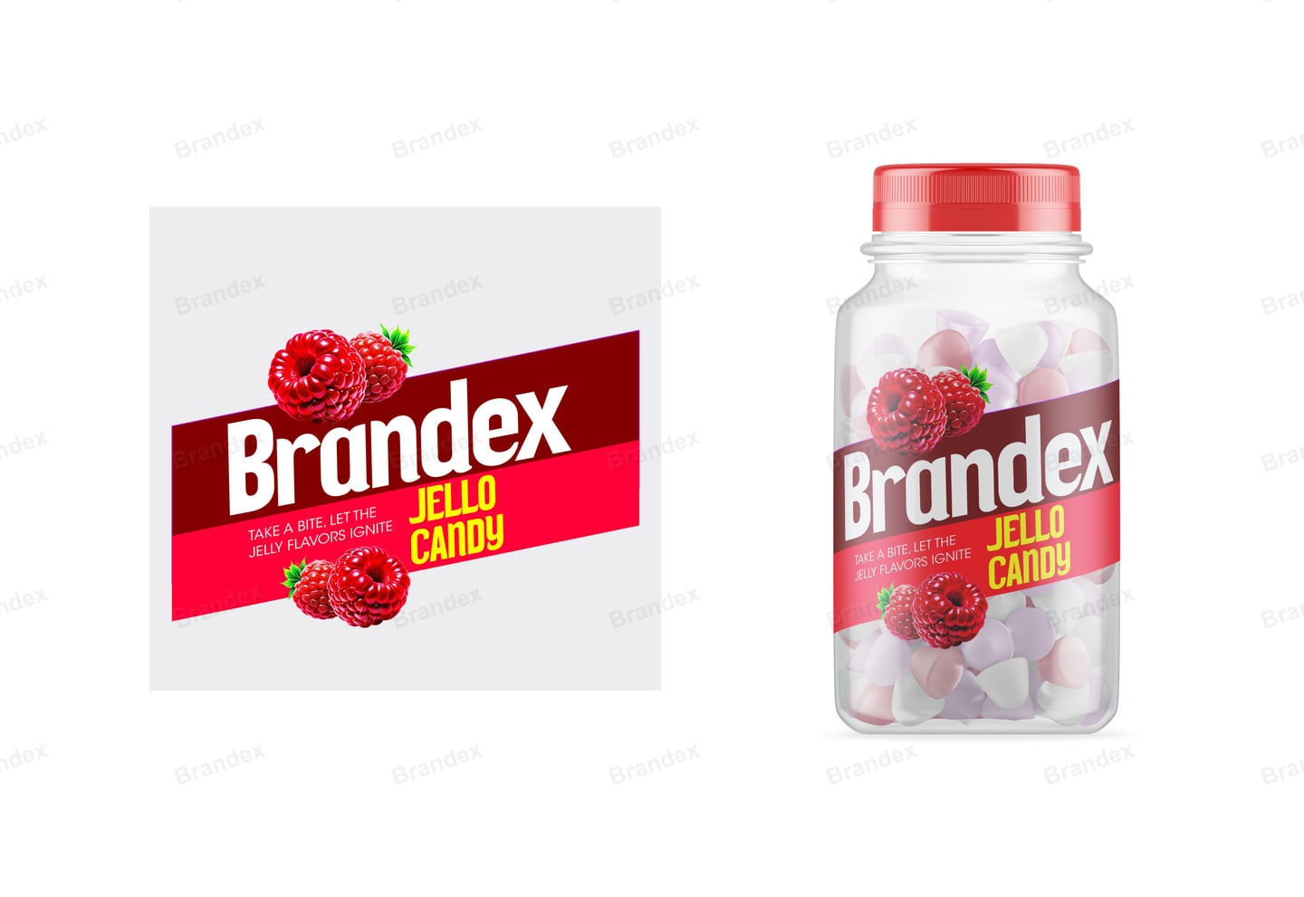 Brandex Raspberry Jello Candy Jar Packaging with Bold Red Label