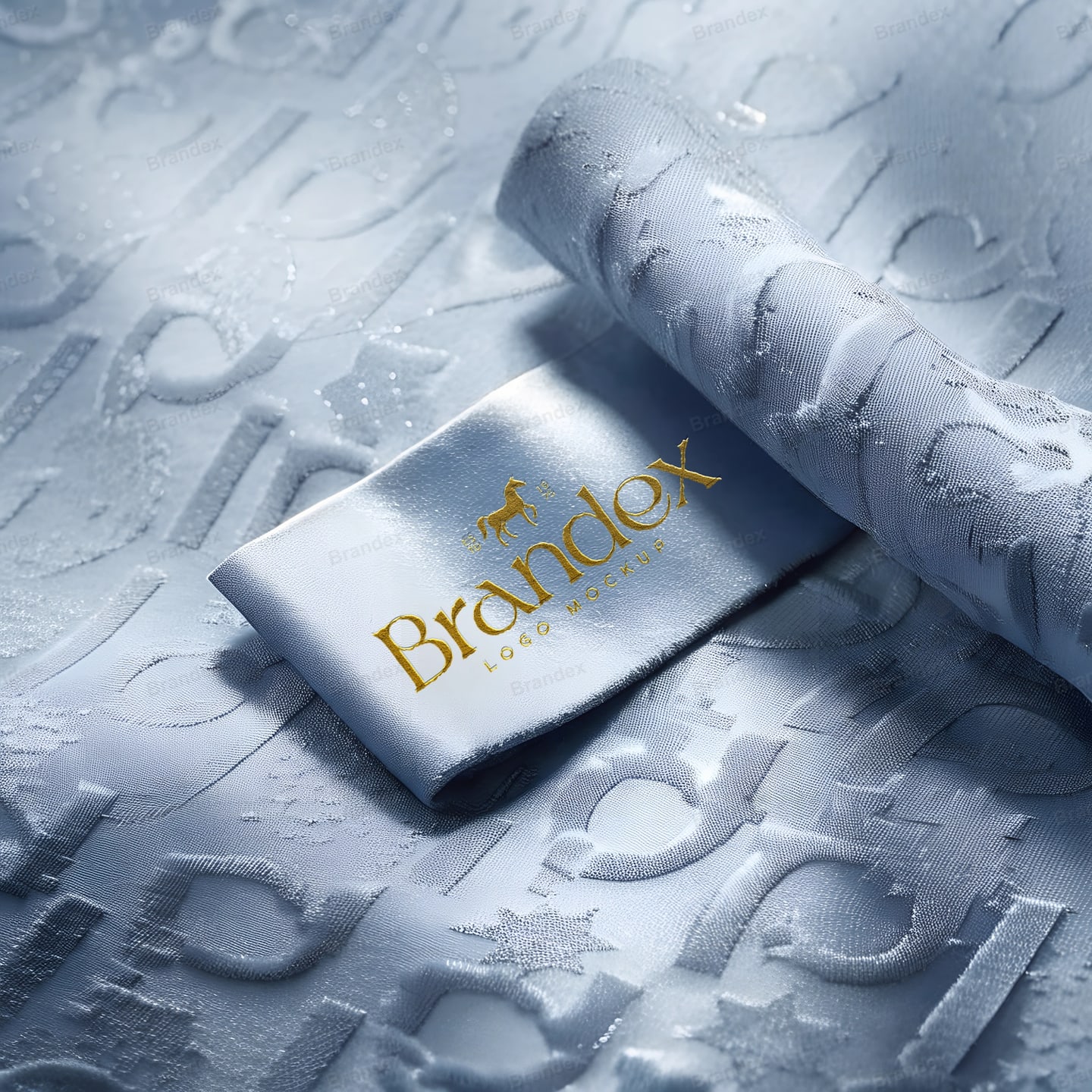 Gold Embossed Satin Fabric Label Mockup on Patterned Textile