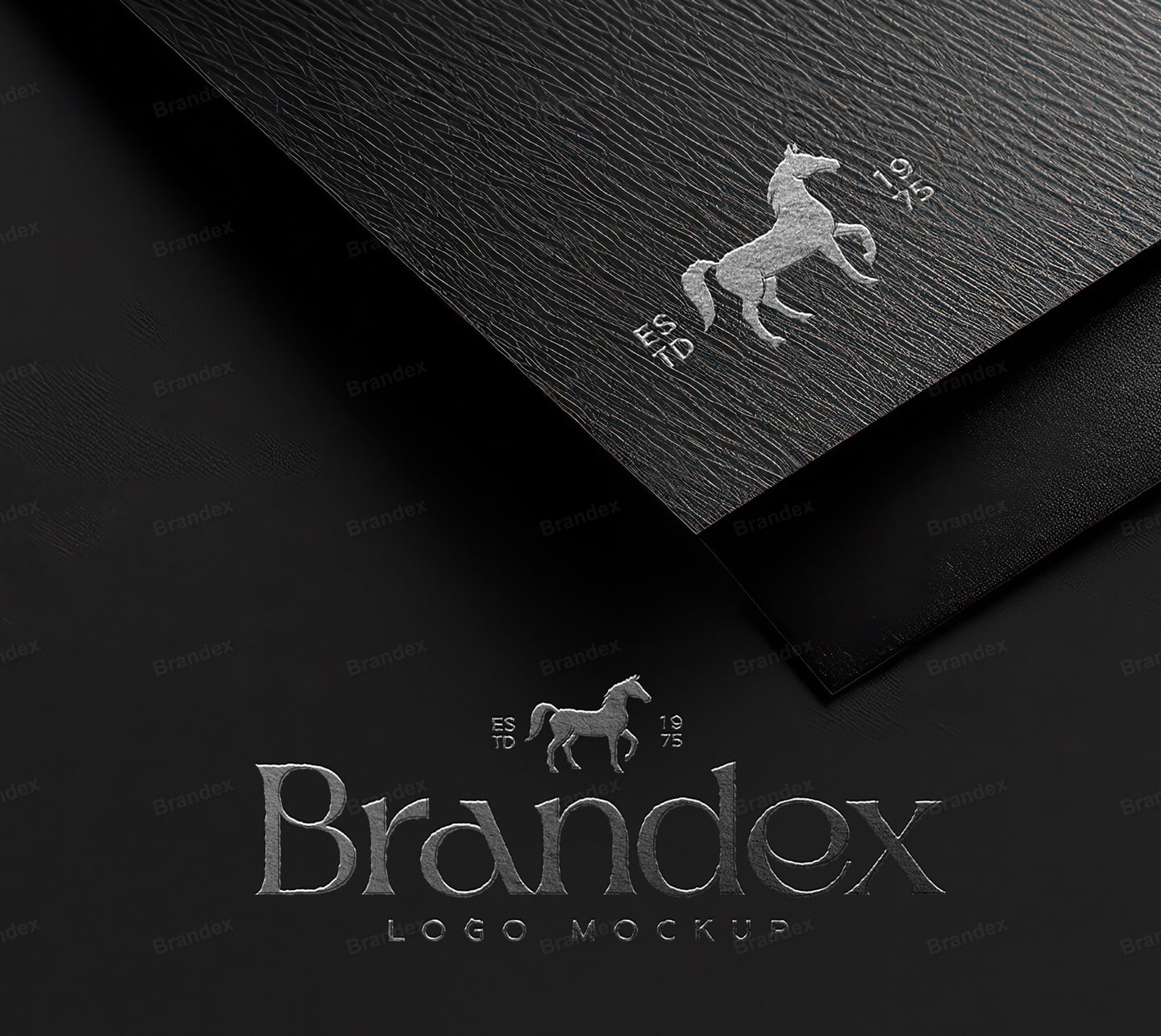 Luxury Textured Black Card with Silver Foil & Embossed Horse Logo Mockup