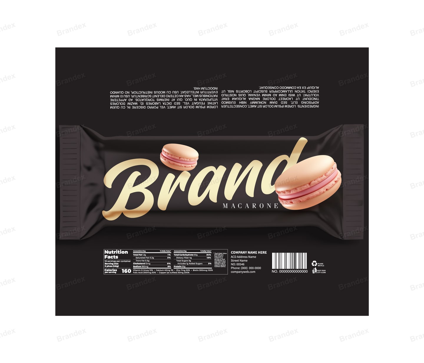 Black Macaron Wrapper Gold Text Confectionery Packaging