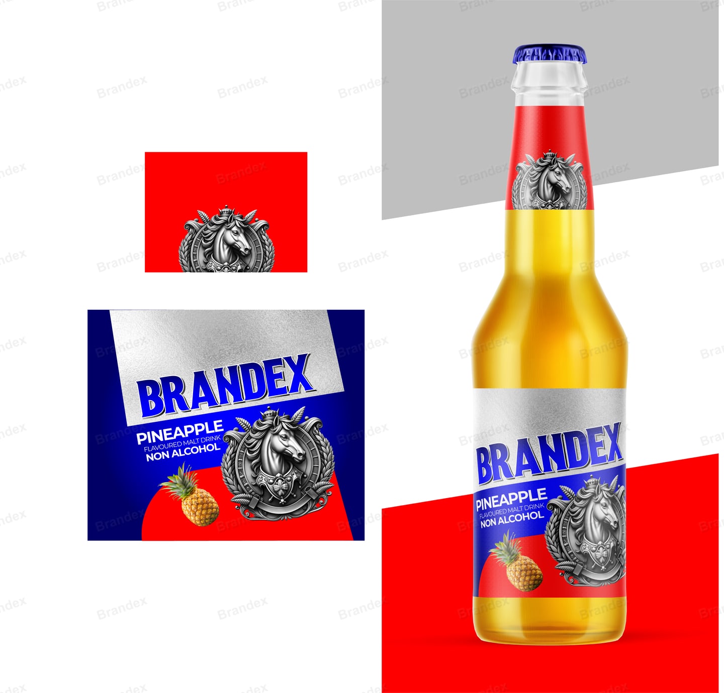 Pineapple Non-Alcoholic Malt Drink Bottle Packaging Template – Blue, Silver & Red