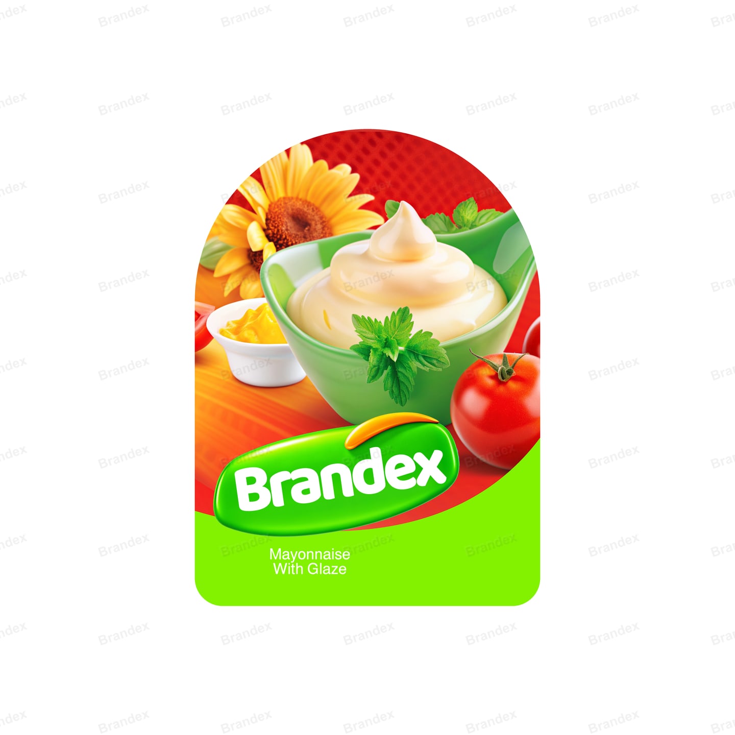 Mayonnaise Condiment Jar Label Design with Fresh Tomato Herb Imagery