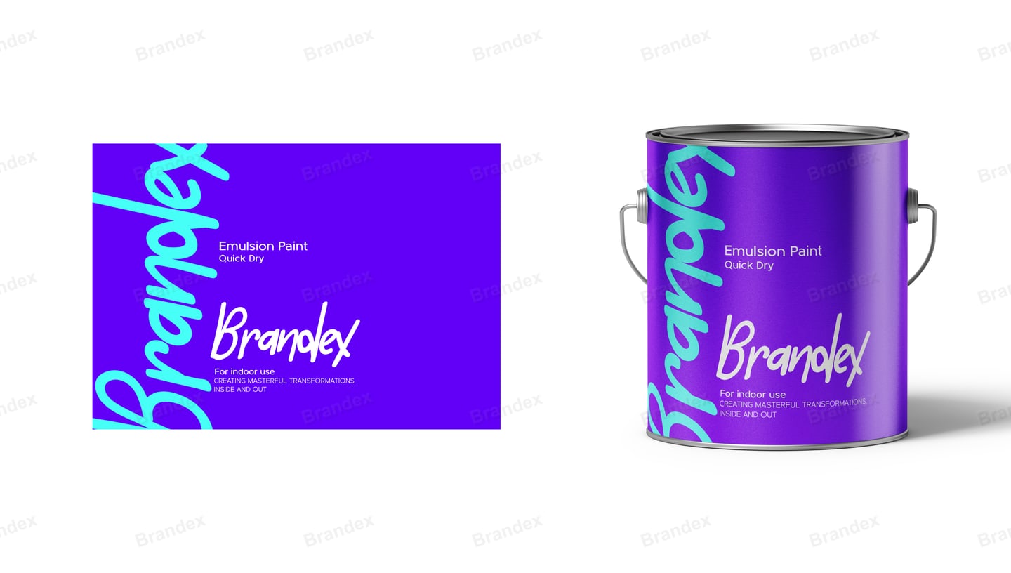 Purple Paint Can Packaging Design with Turquoise Script for Quick-Dry Emulsion