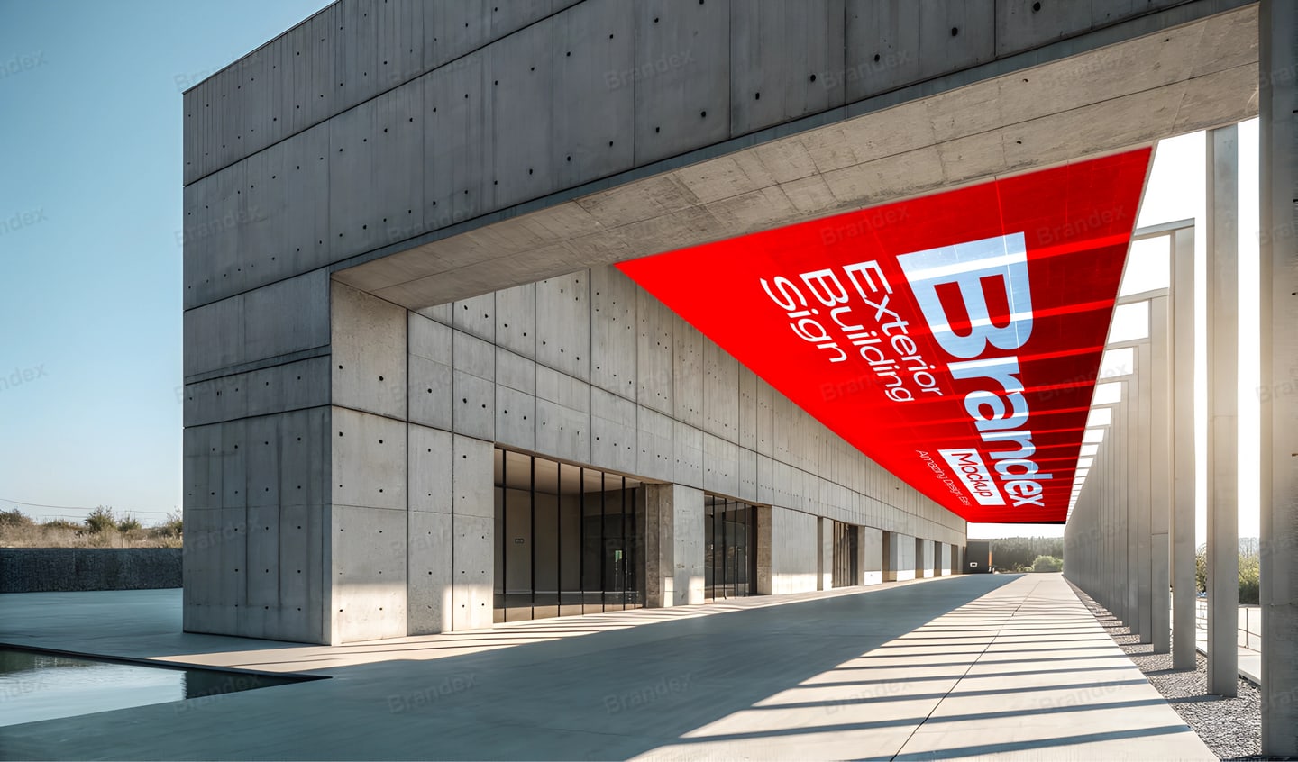 Modern Concrete Building Exterior Sign Mockup Red