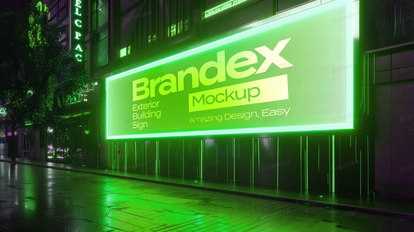 Urban Building Facade Neon Green Sign Mockup