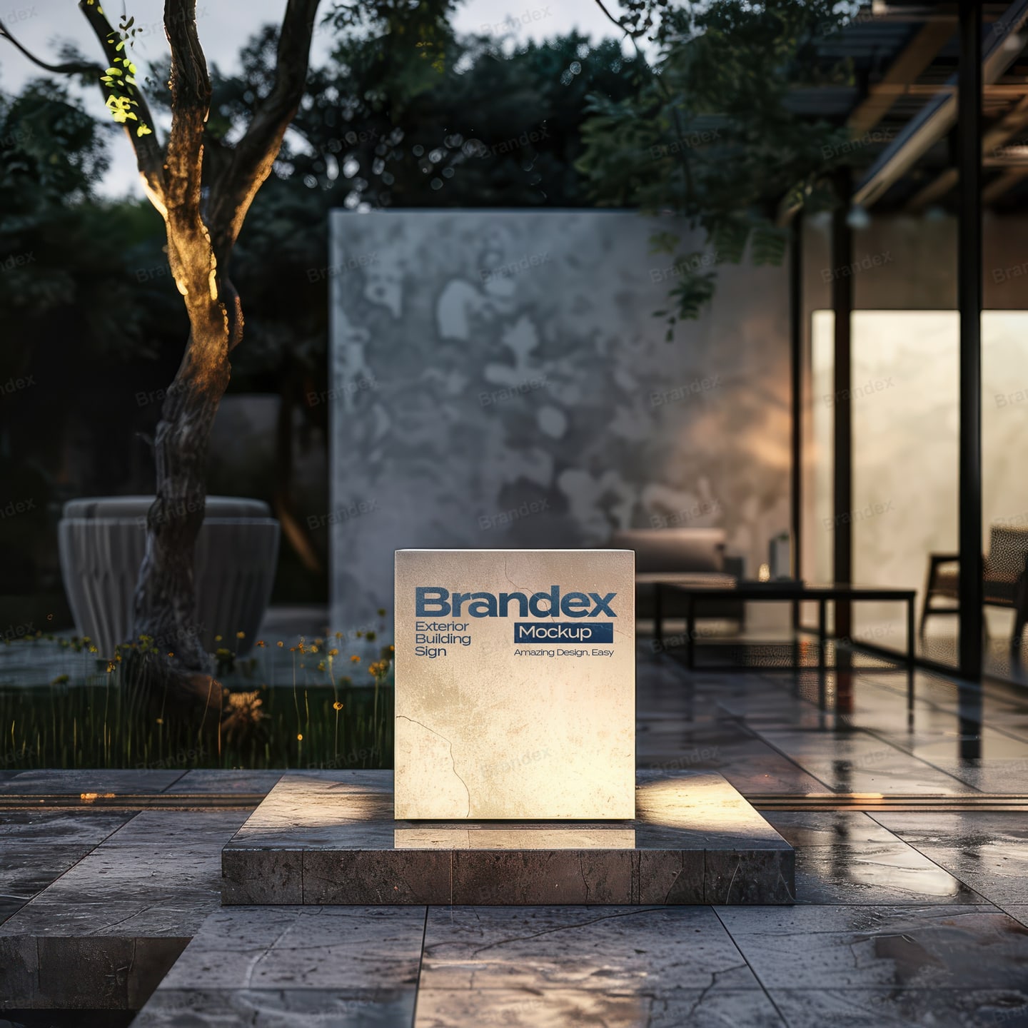 Stone Pedestal Sign Mockup Outdoor Garden Realistic