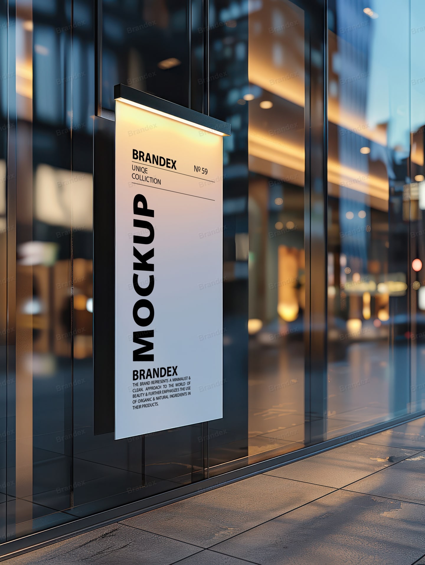 Illuminated Vertical Storefront Signage Mockup on Glass Wall