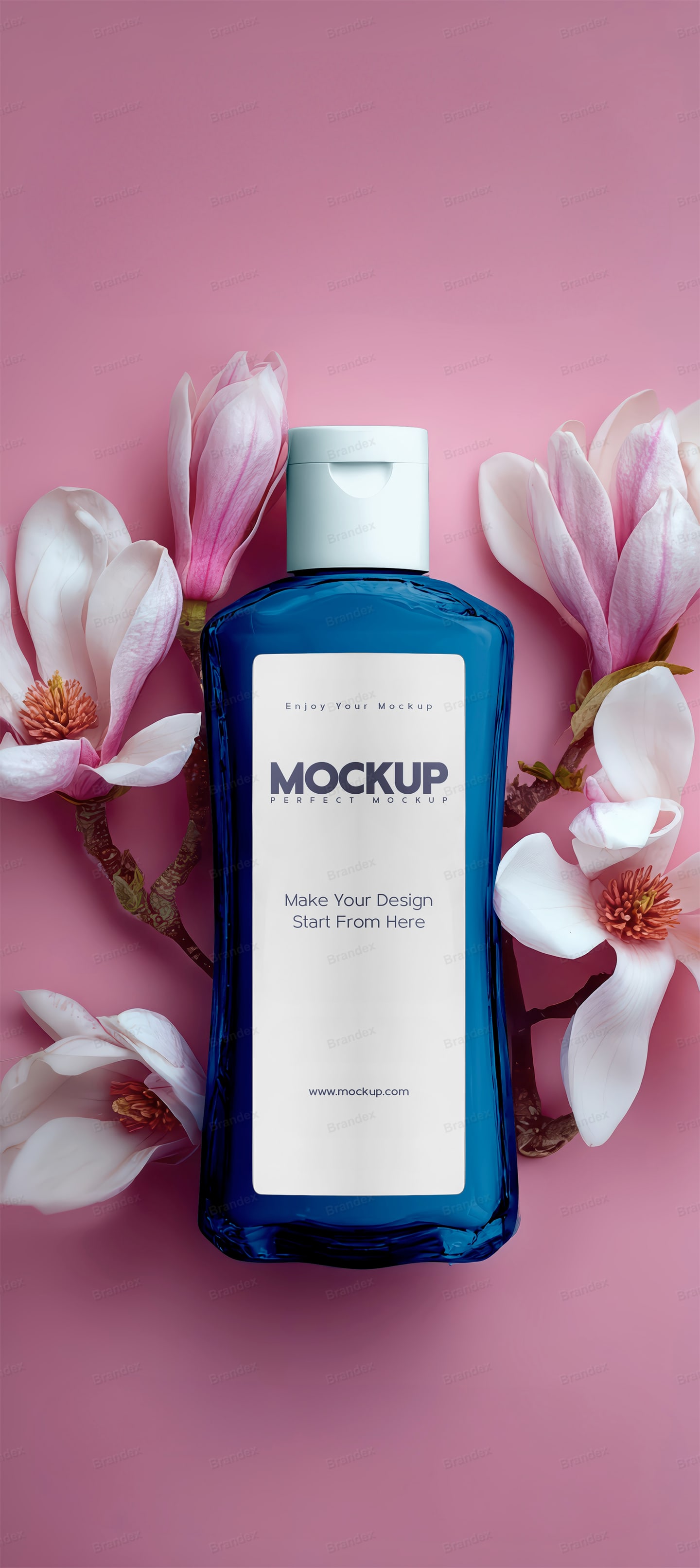 Blue Cosmetic Bottle Mockup Pink Floral Background