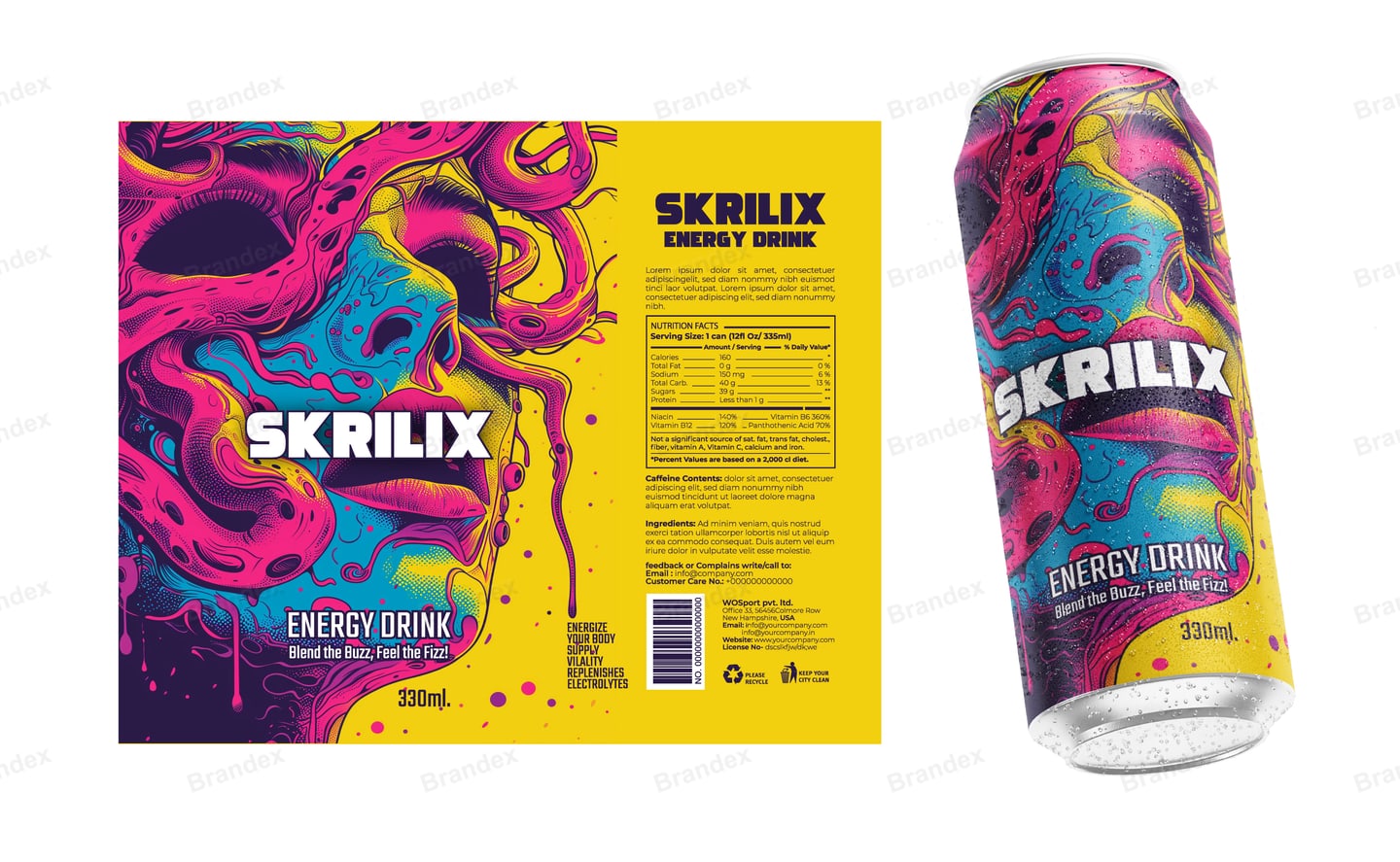 Skrilix Energy Drink 330ml Can Packaging - Psychedelic Yellow Design Mockup