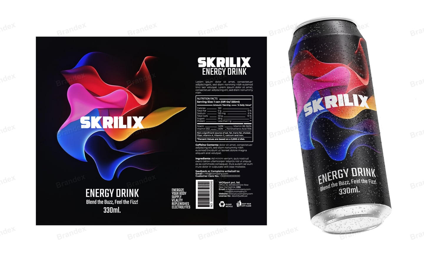Skrilix Energy Drink 330ml Can Packaging - Black Abstract Wave Design Mockup