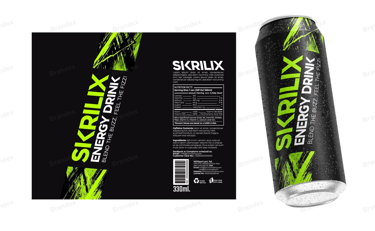Skrilix Energy Drink 330ml Can Packaging - Black Diagonal Green Streak Design Mockup