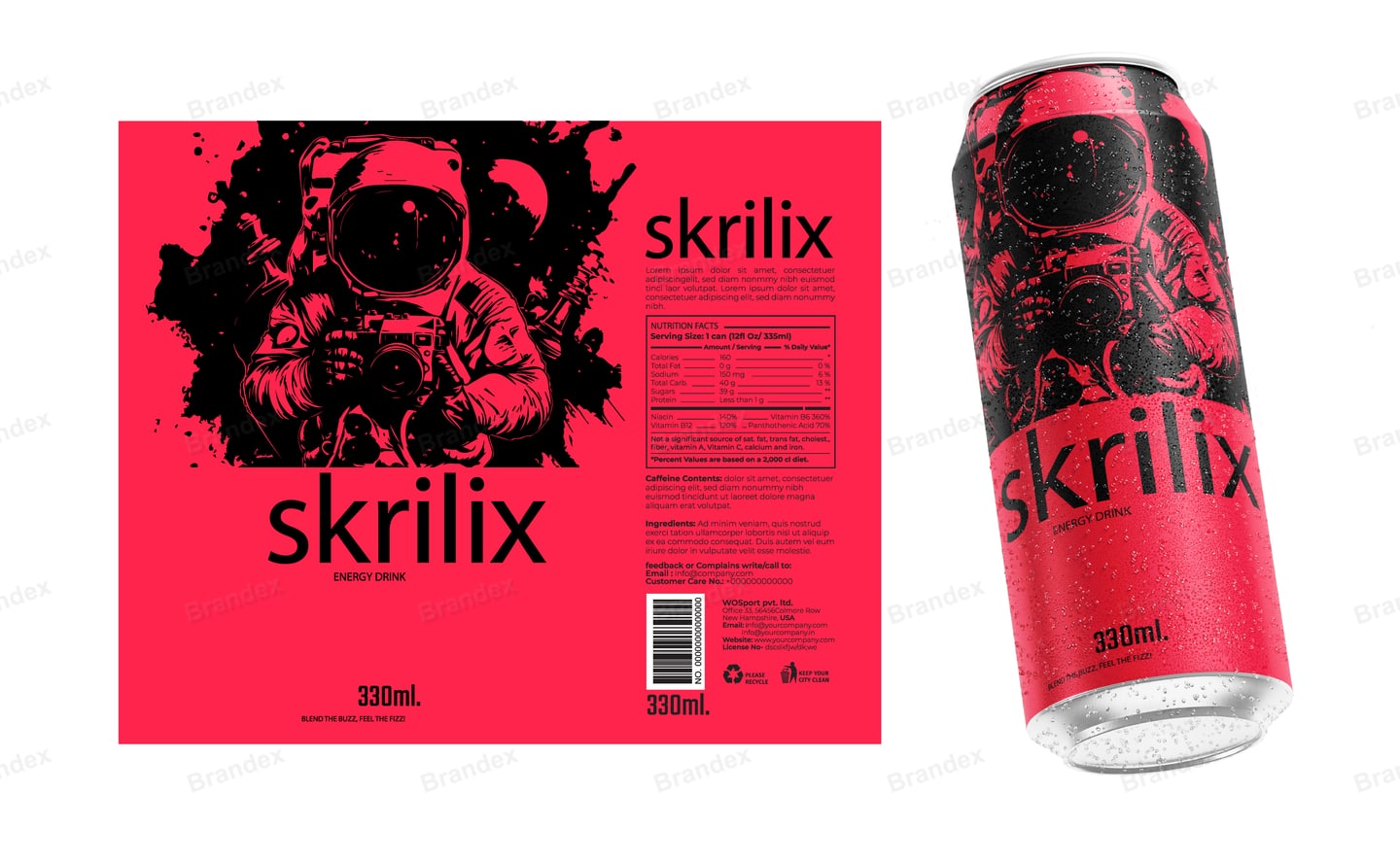 Skrilix Energy Drink 330ml Can Packaging - Pink Astronaut Illustration Mockup