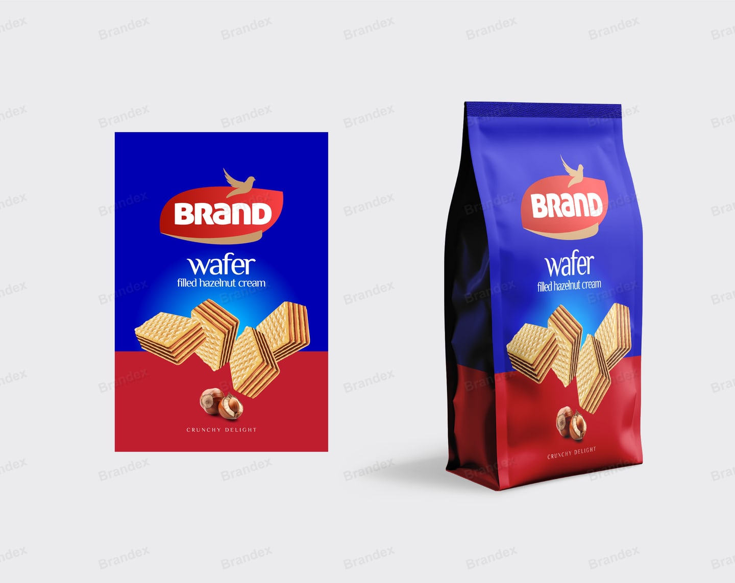 Elegant Hazelnut Wafer Snack Pouch Box Packaging Blue Red Bold