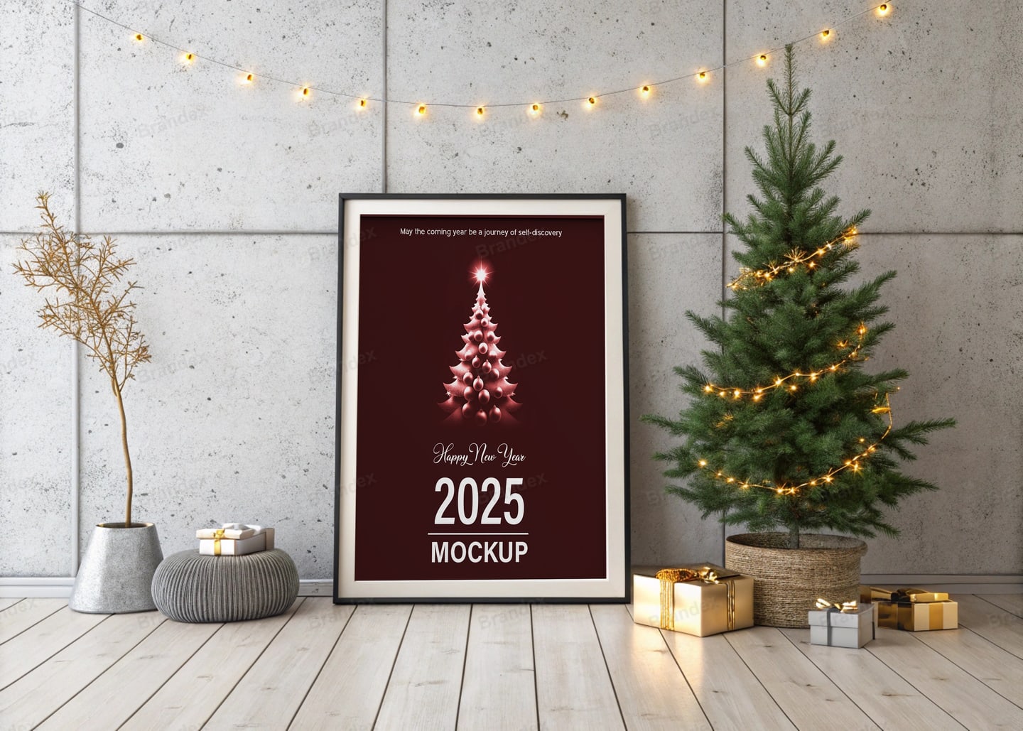 2025 New Year Festive Poster Mockup Dark Wall Glowing Tree