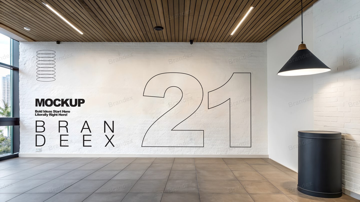 Modern Office Lobby Wall Logo Mockup – Wooden Slatted Ceiling Interior