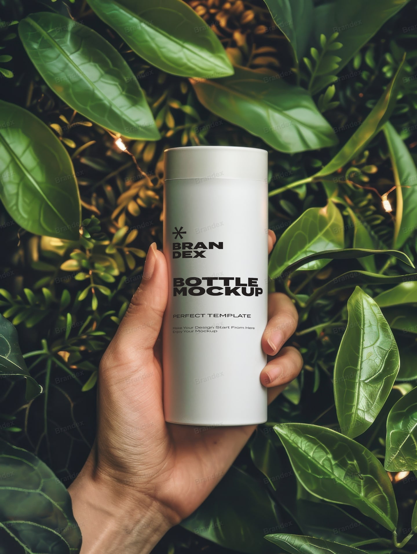 White Cosmetic Bottle Mockup Held in Hand with Lush Green Leaves