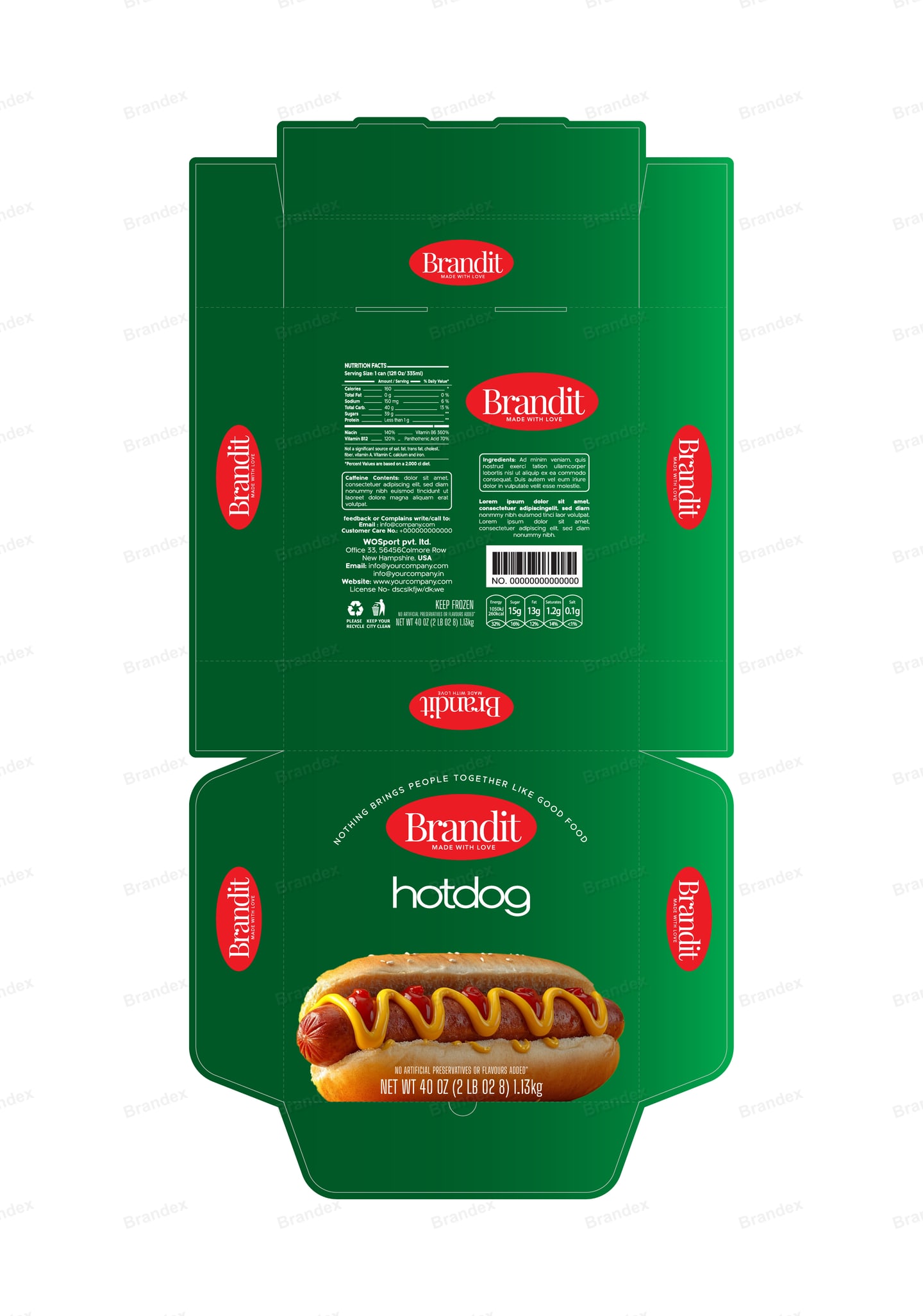 Hot Dog Takeaway Box Packaging Template – Green Die-Line Design