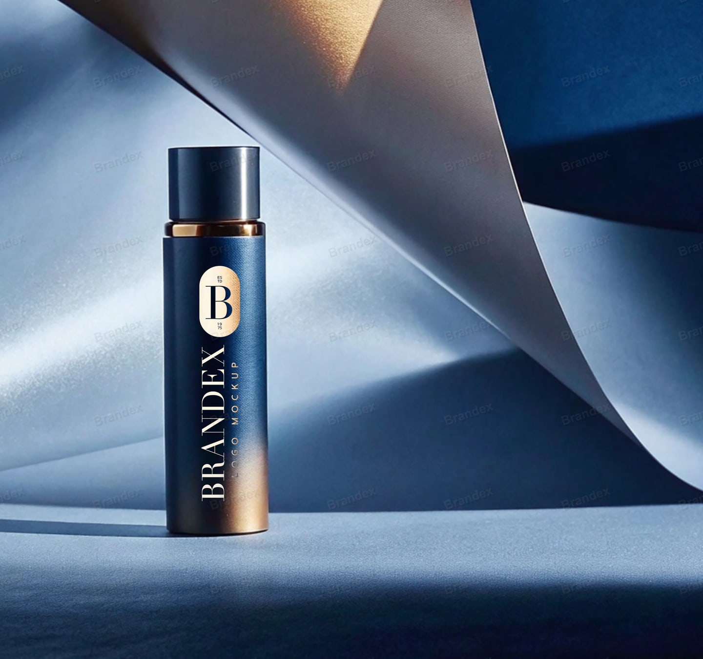 Luxury Metallic Cosmetic Bottle Mockup Shimmering Blue Background