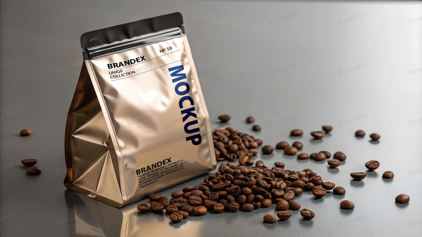 Metallic Coffee Bag Mockup with Roasted Beans