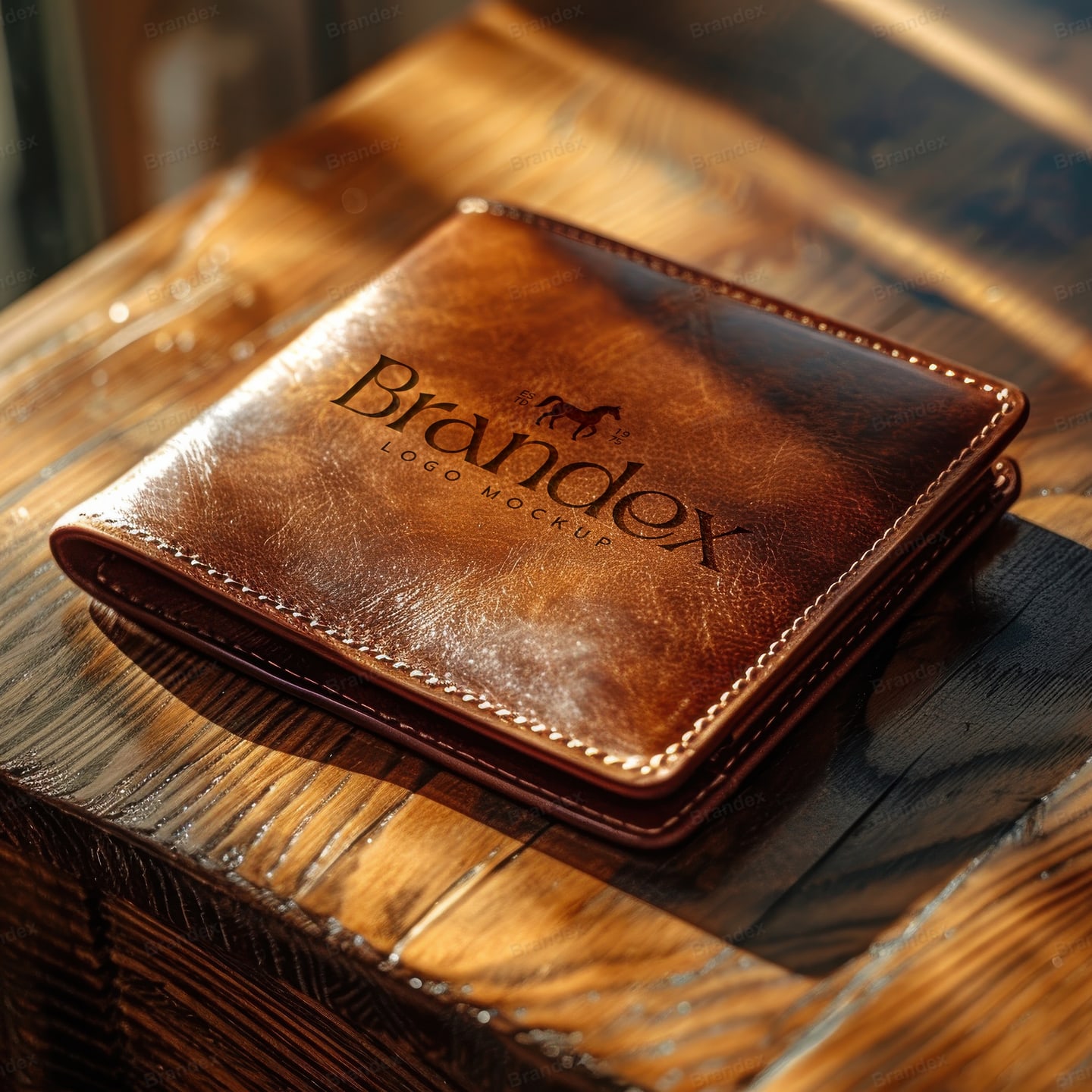 Vintage Brown Leather Wallet Mockup on Wooden Surface – High Angle View