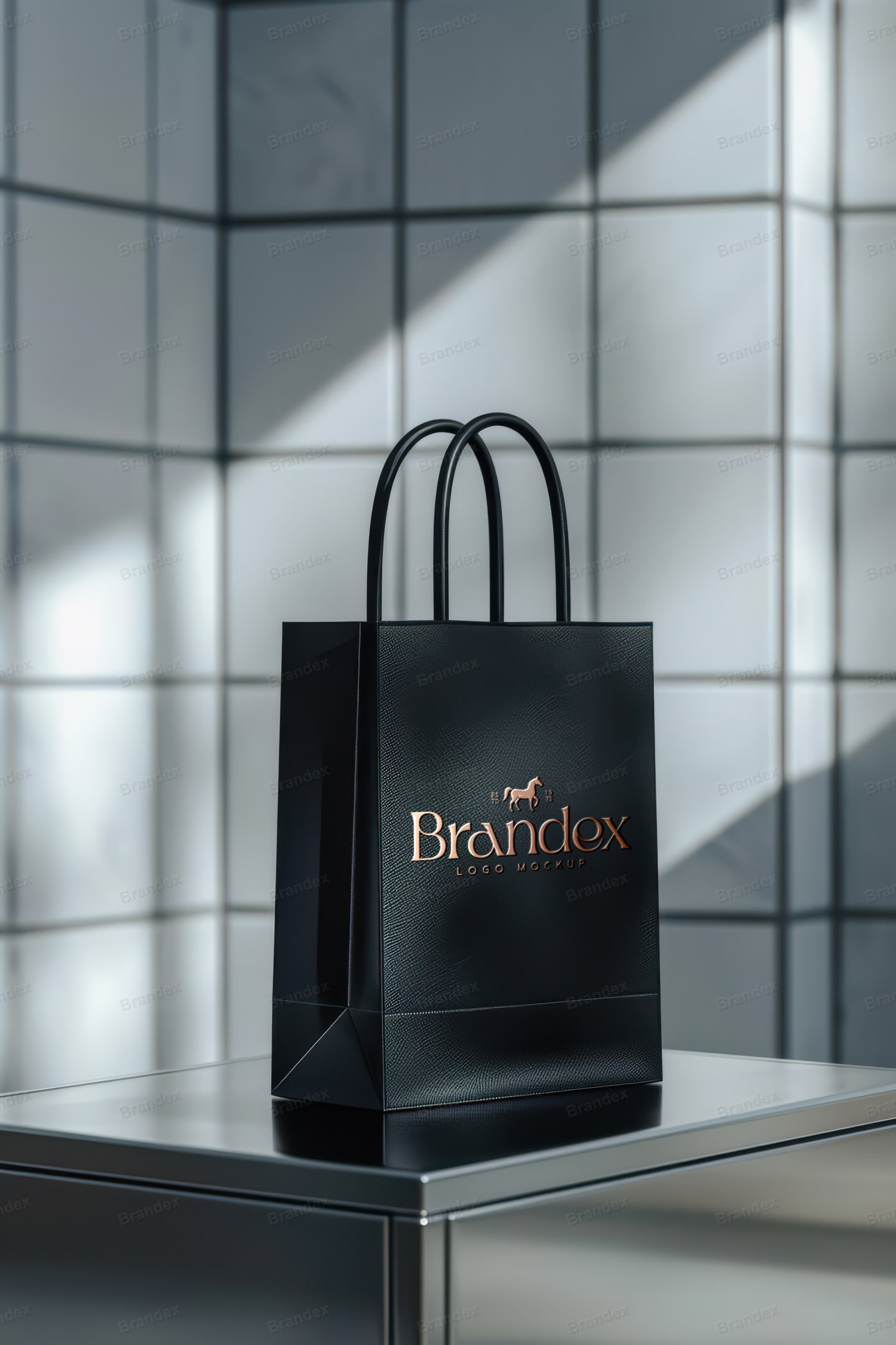 Luxury Black Shopping Bag Mockup on Glass Table in Tiled Architectural Studio