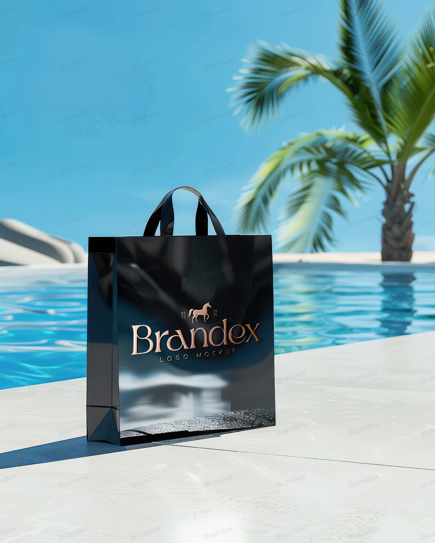 Tropical Poolside Glossy Black Shopping Bag Mockup with Palm Tree View