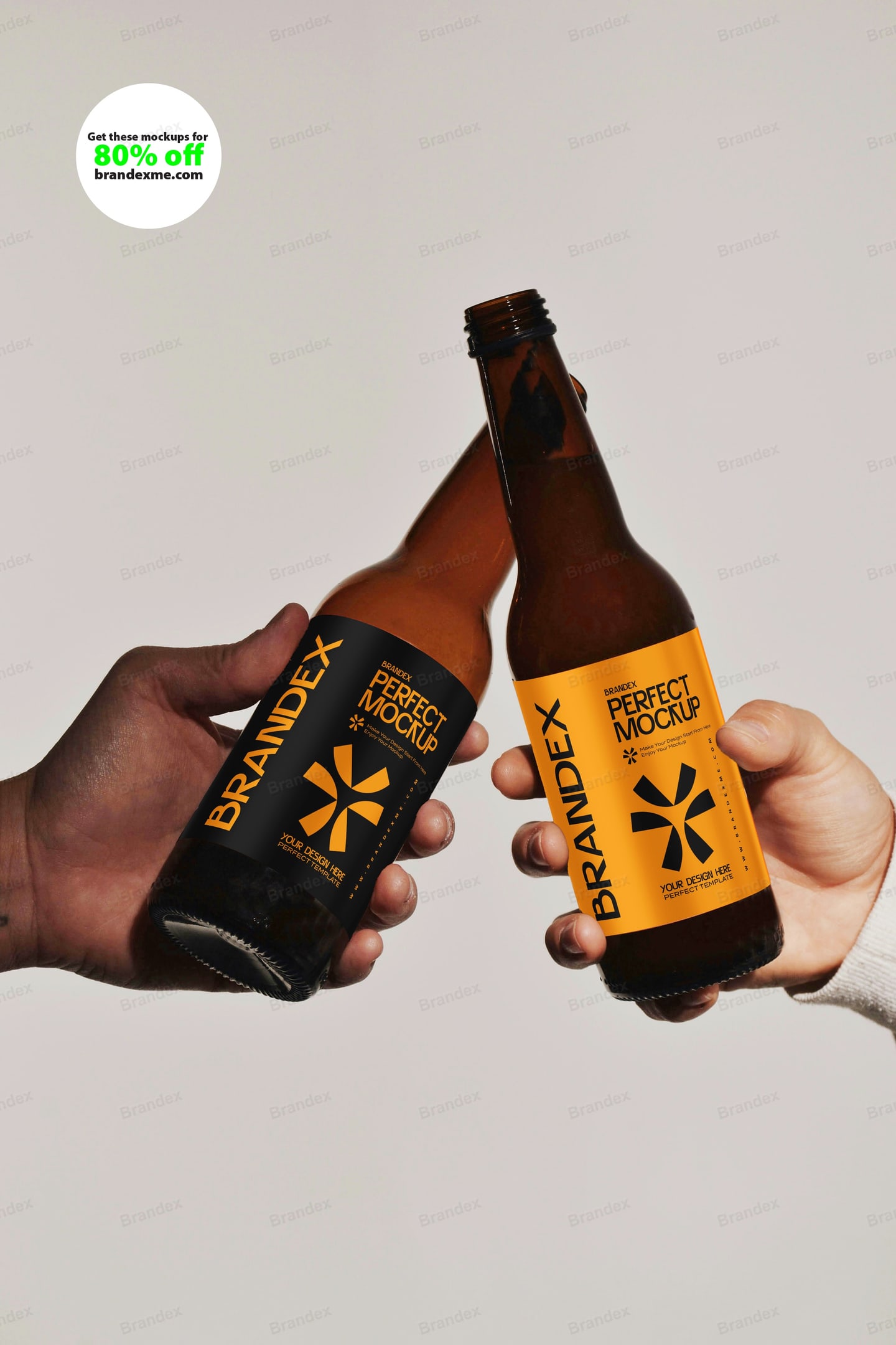 Hands Holding Two Amber Beer Bottles Toasting Mockup – Studio View