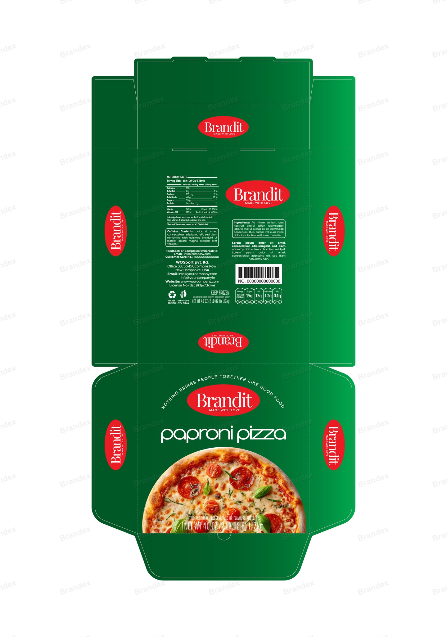 Pepperoni Pizza Box Packaging Template – Green Die-Line Design